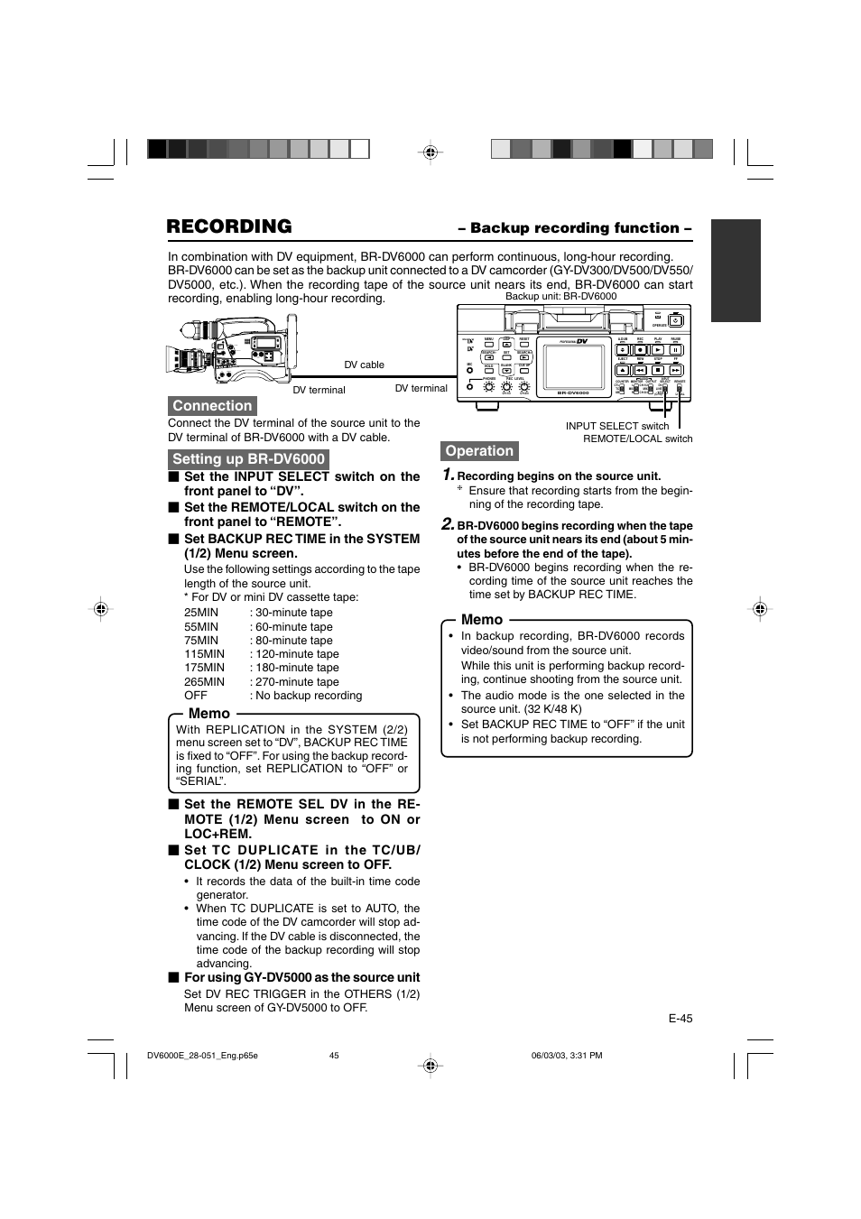 Backup recording function, Recording, Connection | Setting up br-dv6000, Operation | JVC BR-DV6000E User Manual | Page 45 / 106