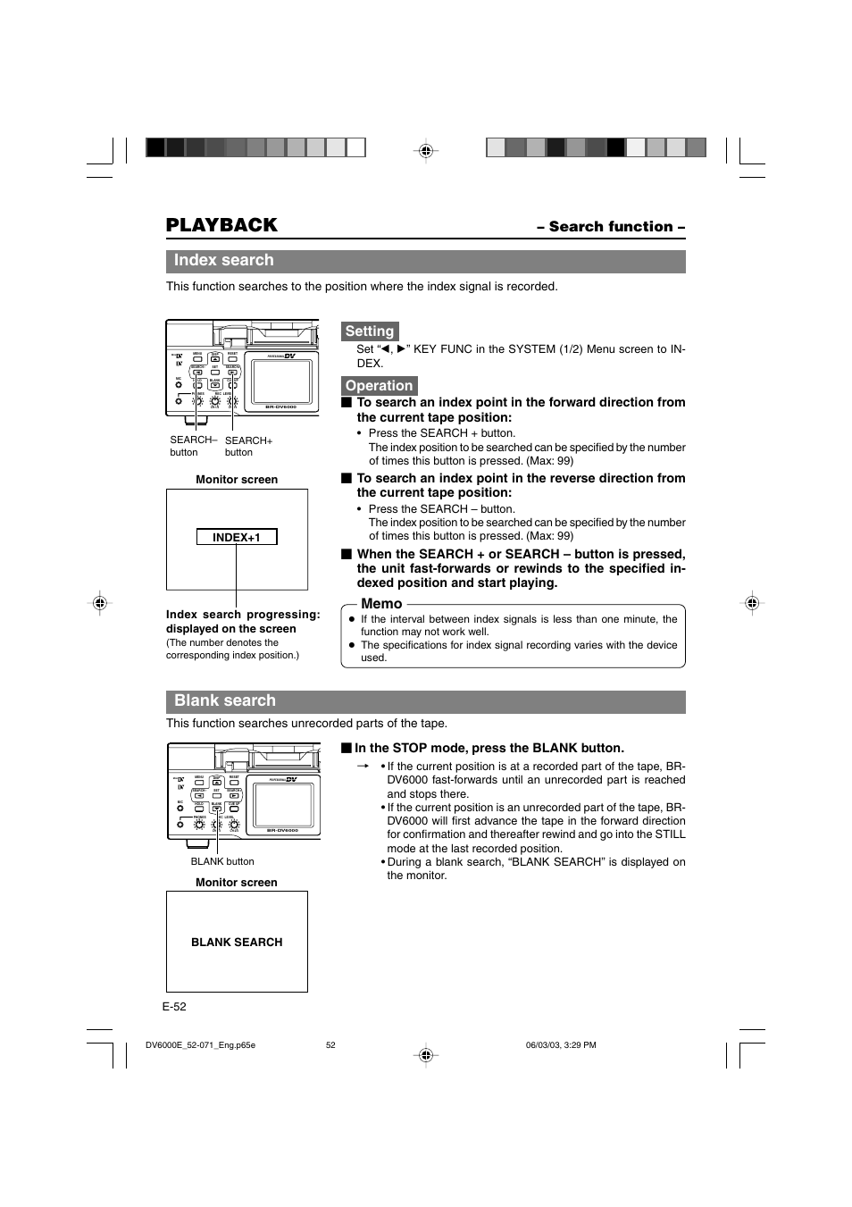 Search function, Playback, Index search | Blank search, Setting, Operation | JVC BR-DV6000E User Manual | Page 52 / 106
