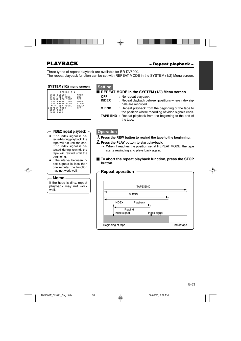 Repeat playback, Playback, Setting | Operation, Repeat operation index repeat playback, Repeat mode in the system (1/2) menu screen | JVC BR-DV6000E User Manual | Page 53 / 106