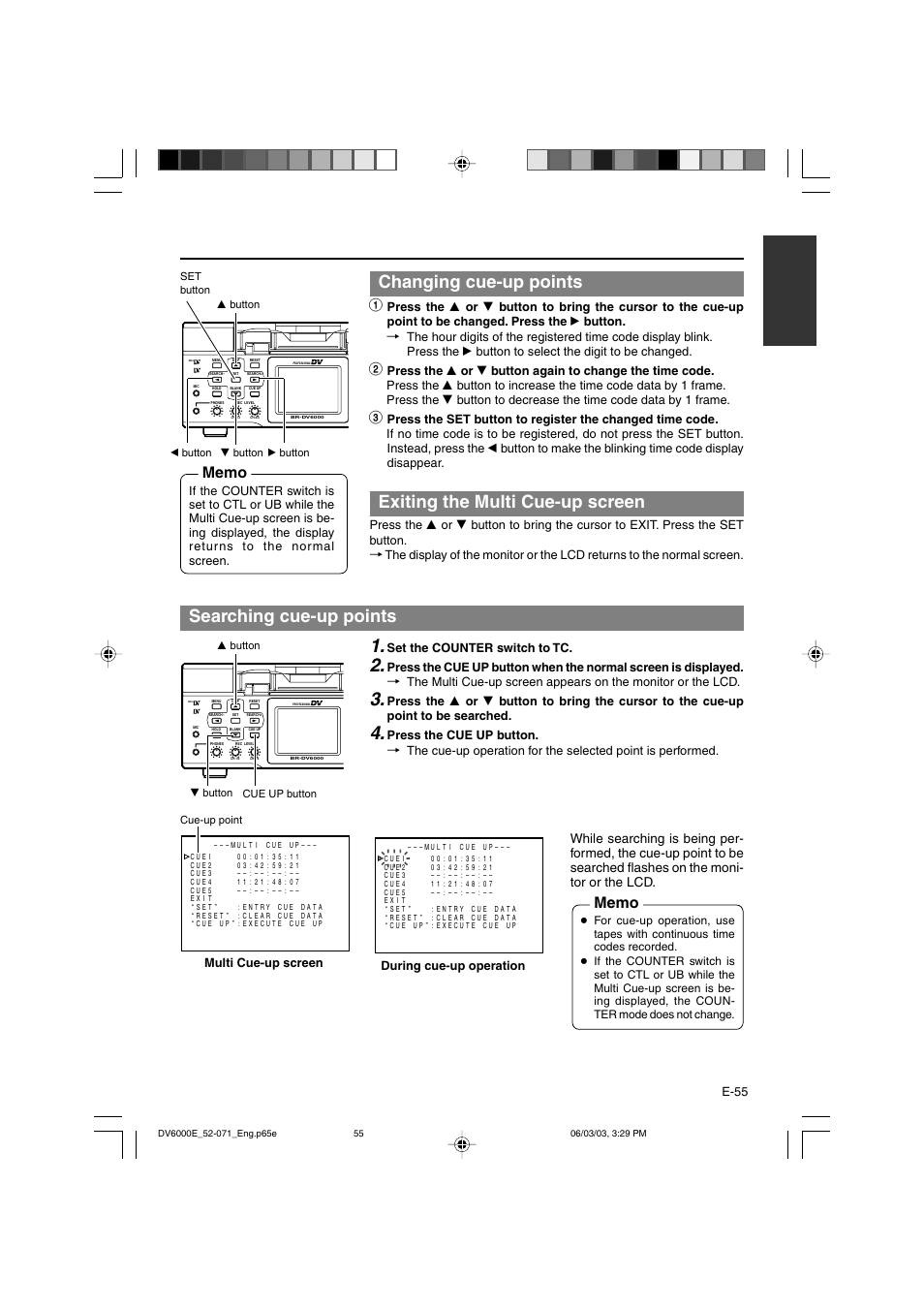 Changing cue-up points, E-55, Set the counter switch to tc | Multi cue-up screen, During cue-up operation | JVC BR-DV6000E User Manual | Page 55 / 106