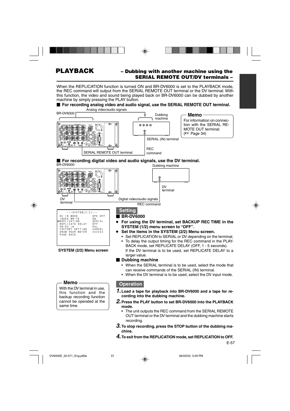 Playback, Setting, Operation | Br-dv6000, Dubbing machine, E-57, System (2/2) menu screen, Page 34), Dv terminal | JVC BR-DV6000E User Manual | Page 57 / 106