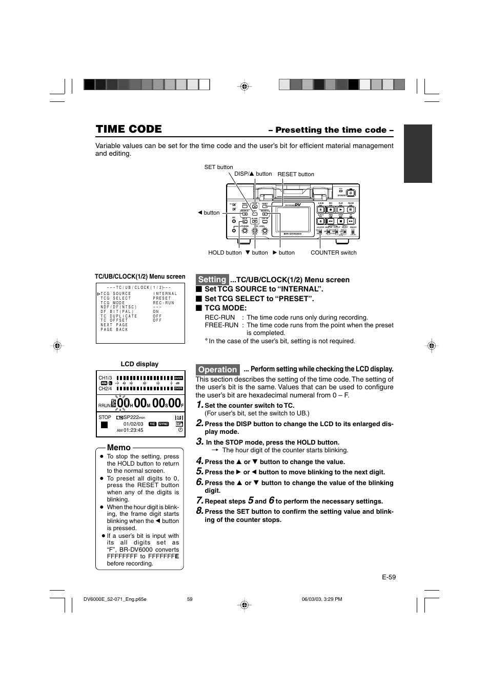 Presetting the time code, Time code, Setting | Operation, Tc/ub/clock(1/2) menu screen, Perform setting while checking the lcd display | JVC BR-DV6000E User Manual | Page 59 / 106