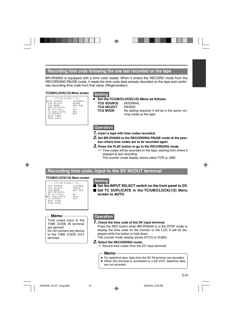 Setting, Operation, Set the tc/ub/clock(1/2) menu as follows | JVC BR-DV6000E User Manual | Page 61 / 106