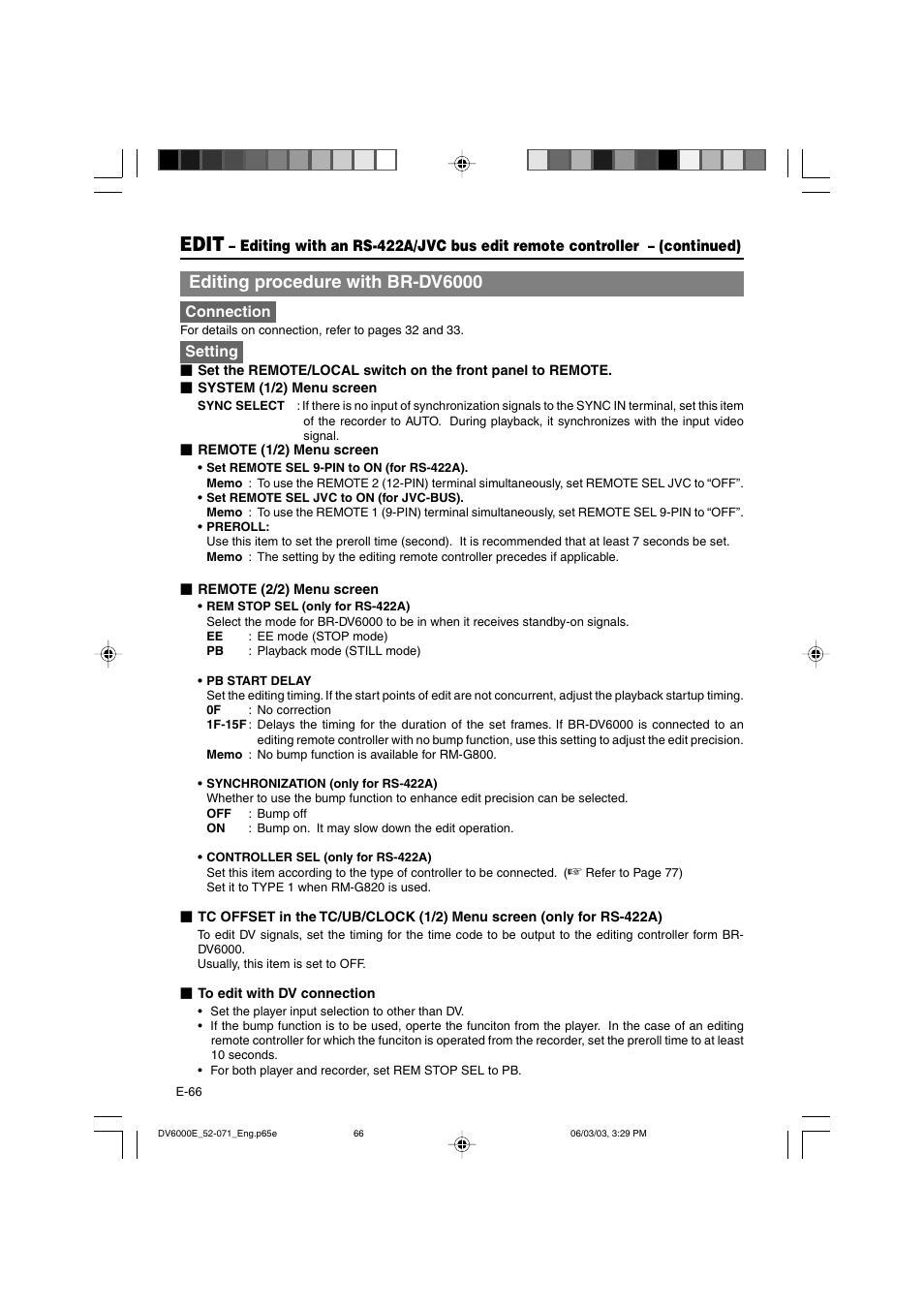 Edit, Editing procedure with br-dv6000 | JVC BR-DV6000E User Manual | Page 66 / 106