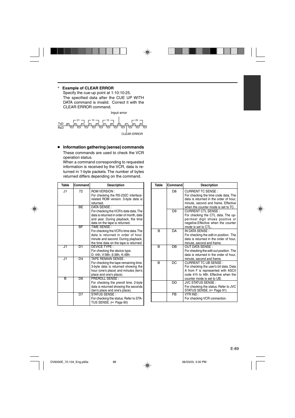 Information gathering (sense) commands | JVC BR-DV6000E User Manual | Page 89 / 106