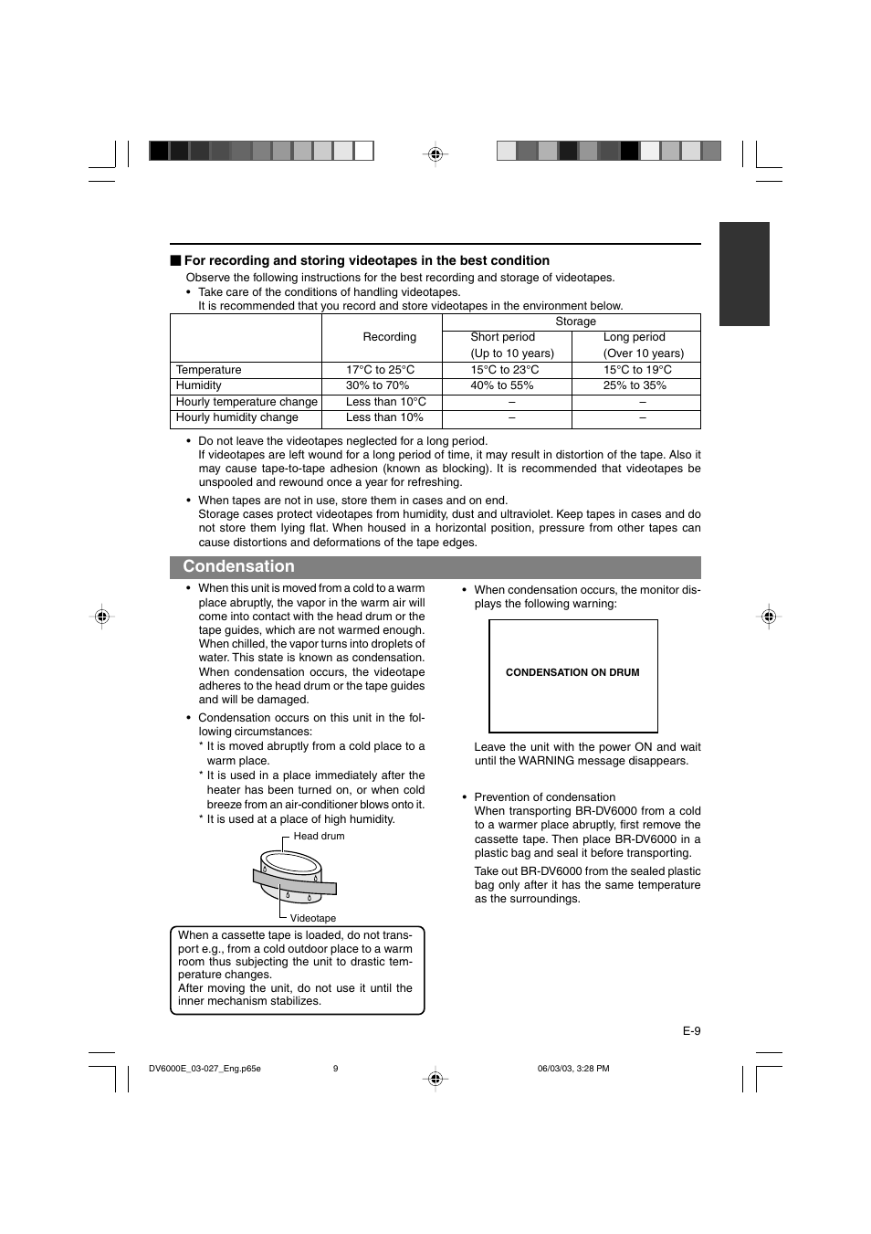 Condensation | JVC BR-DV6000E User Manual | Page 9 / 106