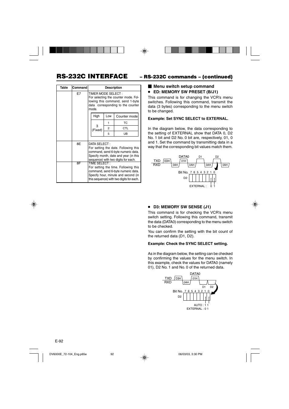 Rs-232c interface, Rs-232c commands – (continued), Menu switch setup command | JVC BR-DV6000E User Manual | Page 92 / 106