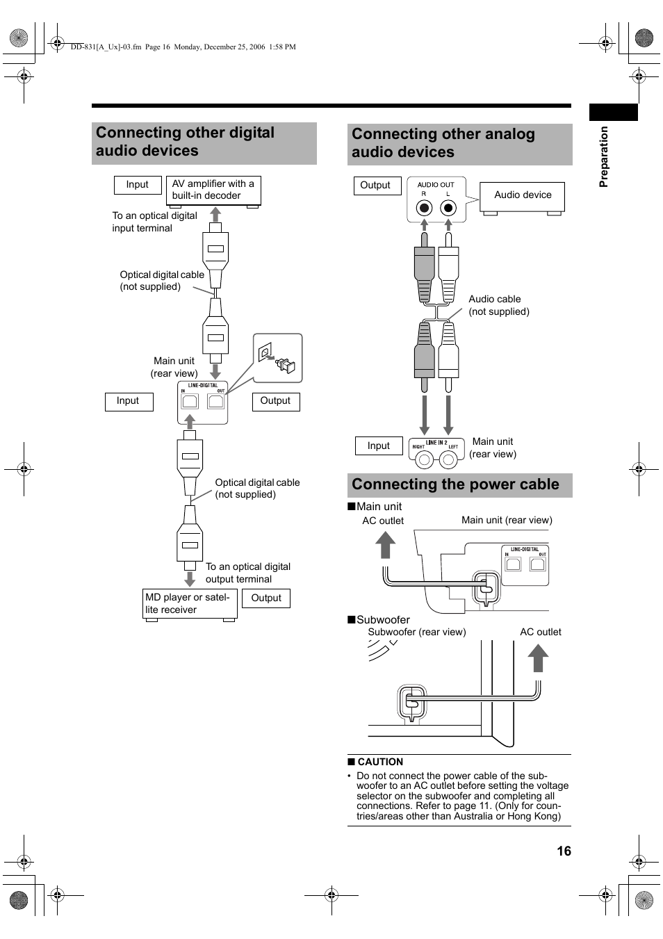 Connecting other digital audio devices, Connecting other analog audio devices, Connecting the power cable | JVC DD-8 User Manual | Page 19 / 60