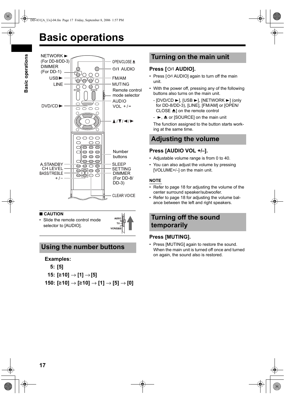 Basic operations, Using the number buttons, Turning on the main unit | Adjusting the volume, Turning off the sound temporarily | JVC DD-8 User Manual | Page 20 / 60