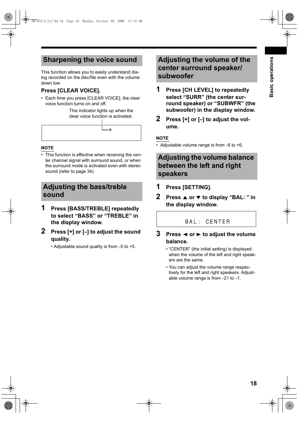 Sharpening the voice sound, Adjusting the bass/treble sound | JVC DD-8 User Manual | Page 21 / 60