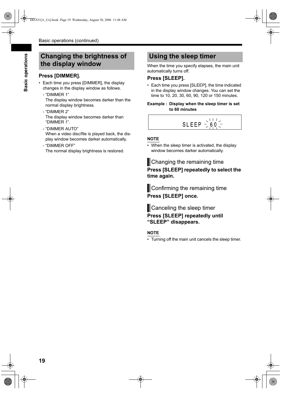 Changing the brightness of the display window, Using the sleep timer | JVC DD-8 User Manual | Page 22 / 60