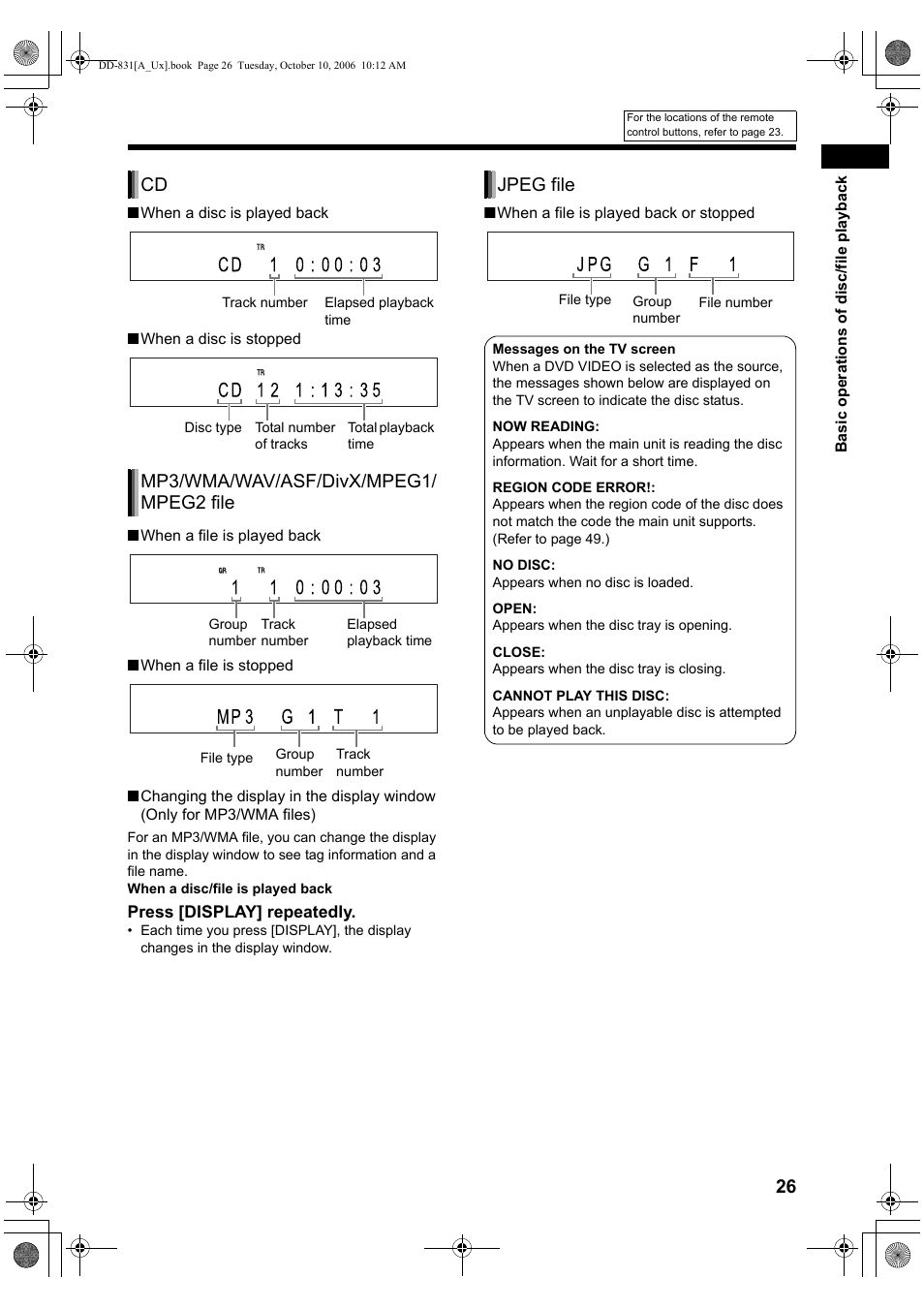 Mp3/wma/wav/asf/divx/mpeg1/ mpeg2 file, Jpeg file | JVC DD-8 User Manual | Page 29 / 60