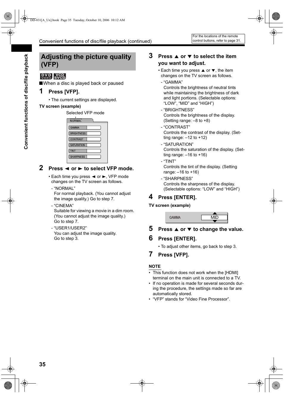 Adjusting the picture quality (vfp) | JVC DD-8 User Manual | Page 38 / 60