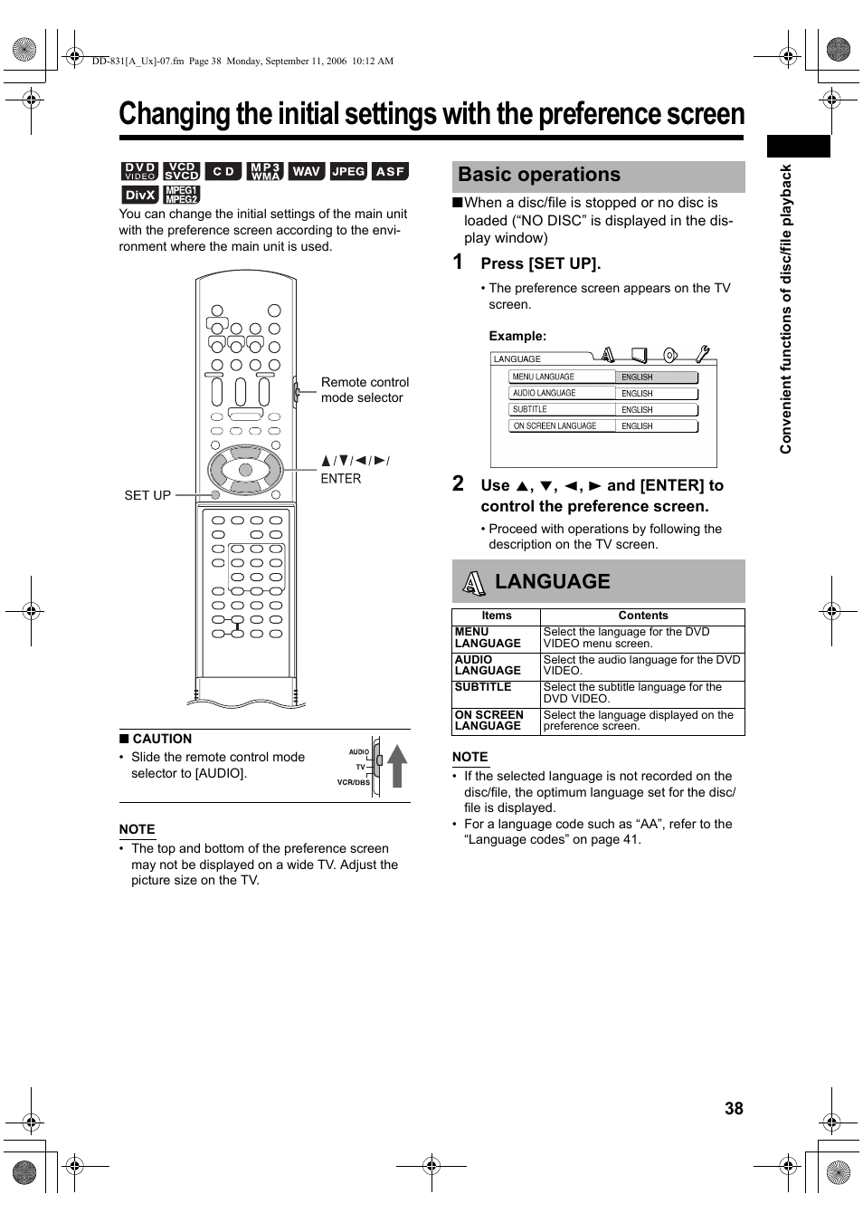 Basic operations, Language, Basic operations language | JVC DD-8 User Manual | Page 41 / 60