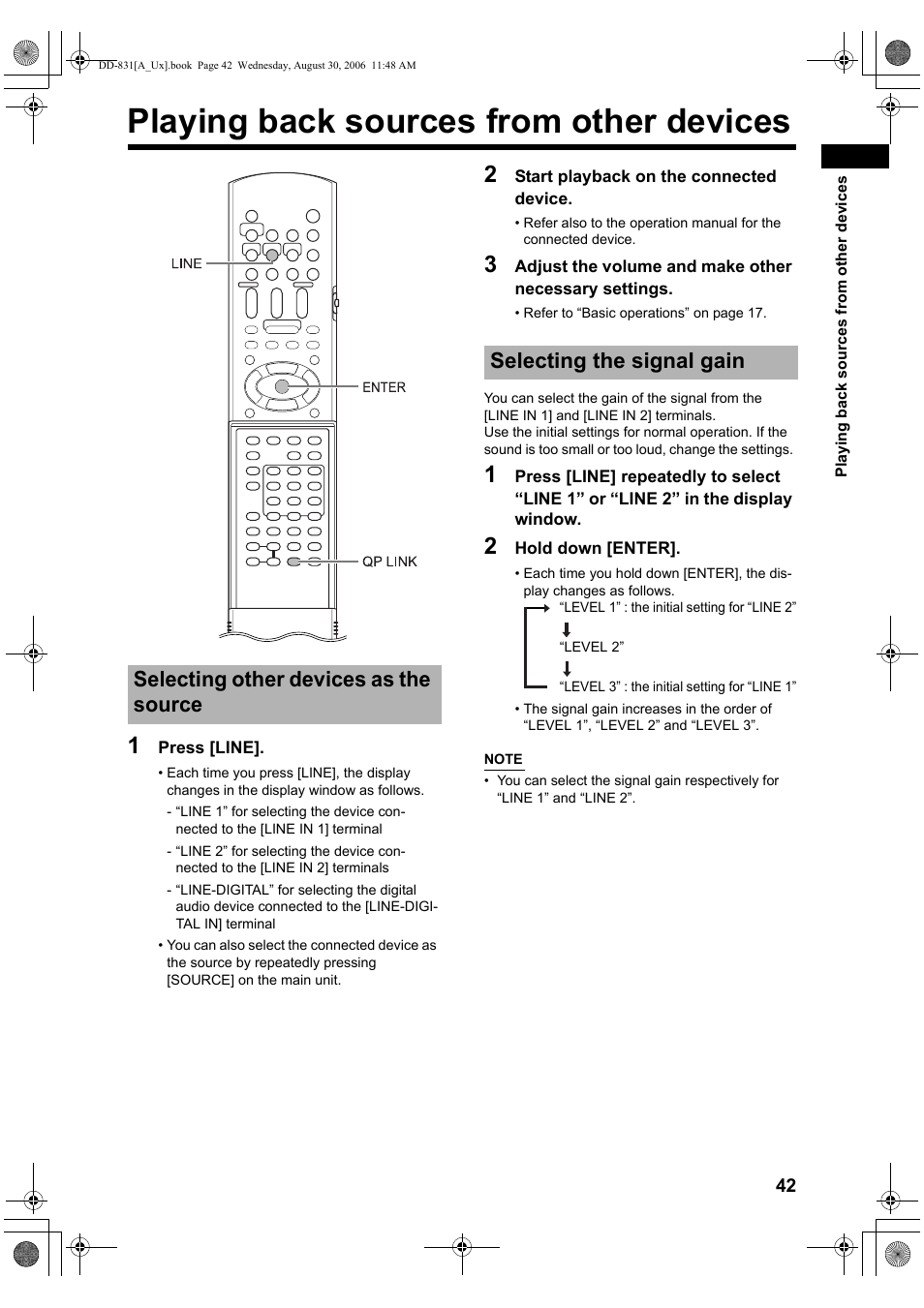 Playing back sources from other devices, Selecting other devices as the source, Selecting the signal gain | JVC DD-8 User Manual | Page 45 / 60