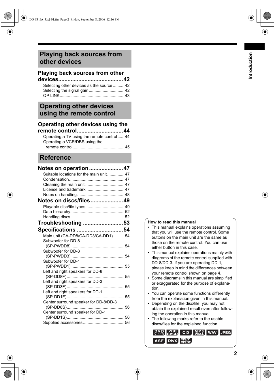 Playing back sources from other devices, Operating other devices using the remote control, Troubleshooting specifications | JVC DD-8 User Manual | Page 5 / 60