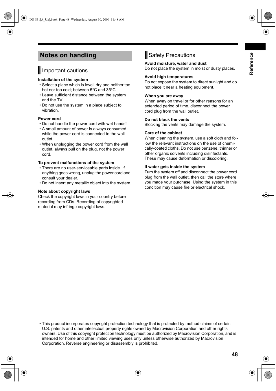 Notes on handling, Important cautions safety precautions | JVC DD-8 User Manual | Page 51 / 60