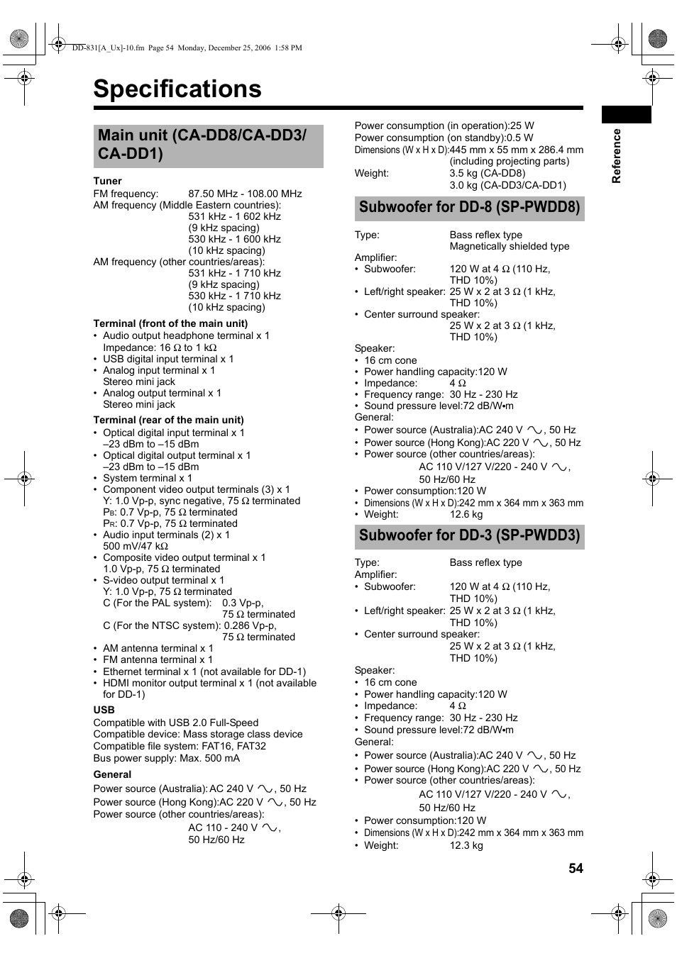 Specifications, Main unit (ca-dd8/ca-dd3/ ca-dd1), Subwoofer for dd-8 (sp-pwdd8) | Subwoofer for dd-3 (sp-pwdd3) | JVC DD-8 User Manual | Page 57 / 60