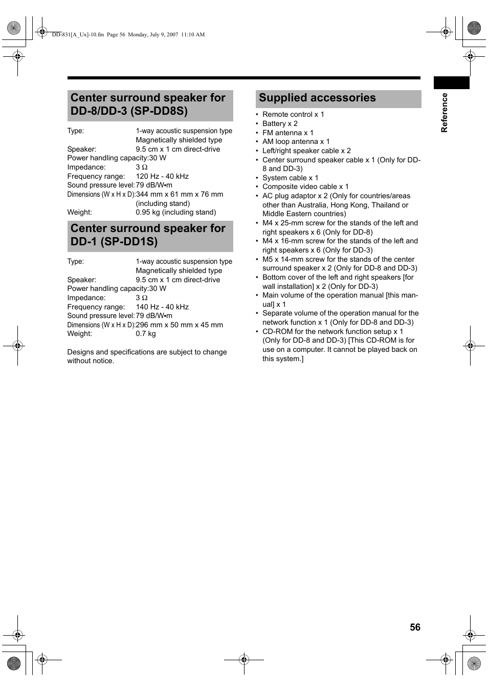Center surround speaker for dd-8/dd-3 (sp-dd8s), Center surround speaker for dd-1 (sp-dd1s), Supplied accessories | JVC DD-8 User Manual | Page 59 / 60