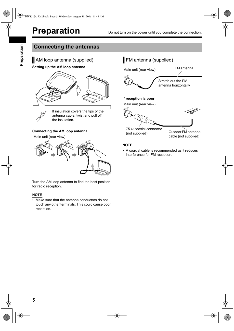 Preparation, Connecting the antennas, Am loop antenna (supplied) | Fm antenna (supplied) | JVC DD-8 User Manual | Page 8 / 60