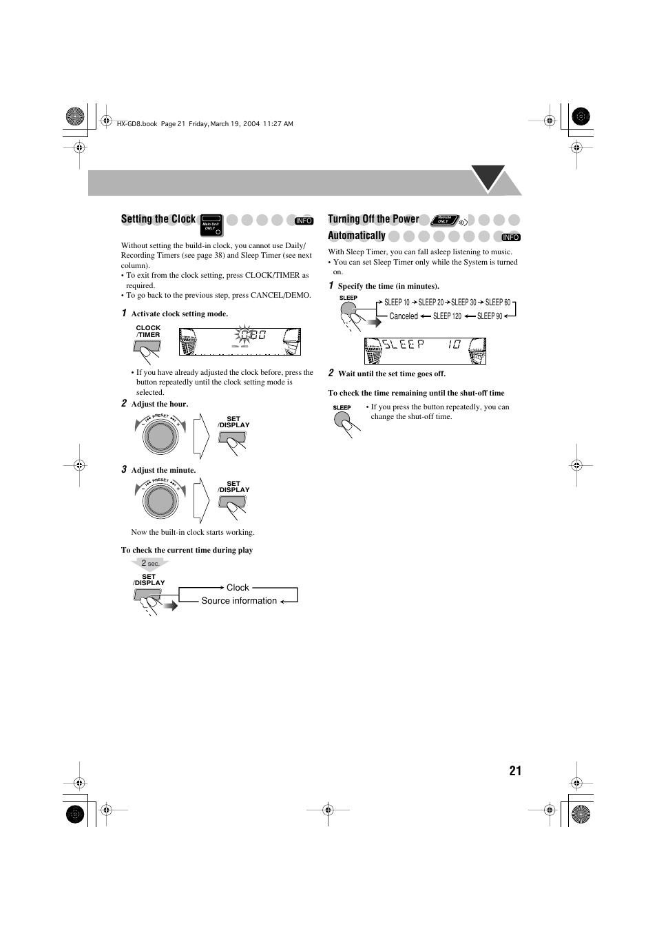 Setting the clock, Turning off the power, Automatically | JVC CA-HXGD7 User Manual | Page 23 / 60