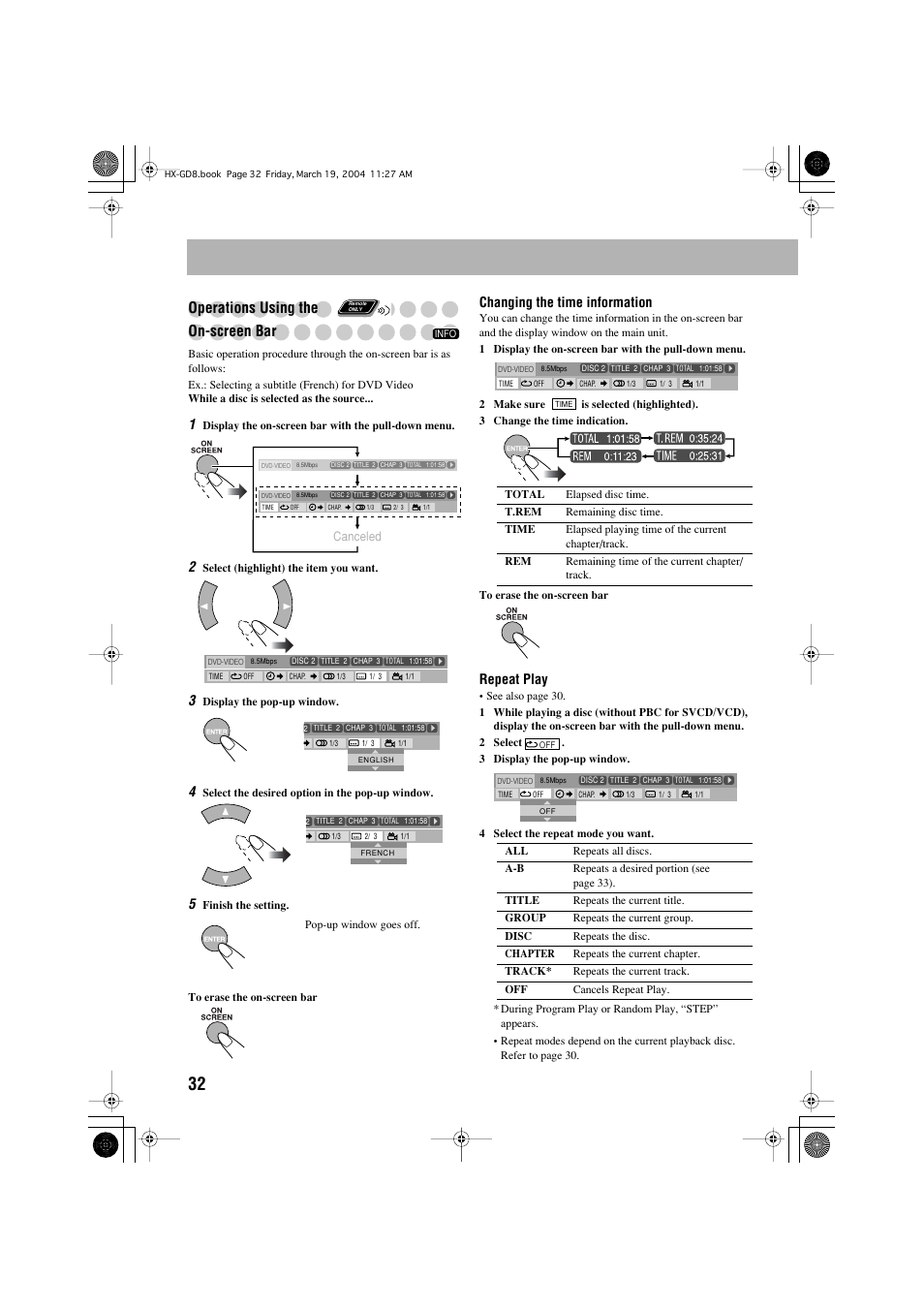 Operations using the, On-screen bar, Changing the time information | Repeat play | JVC CA-HXGD7 User Manual | Page 34 / 60