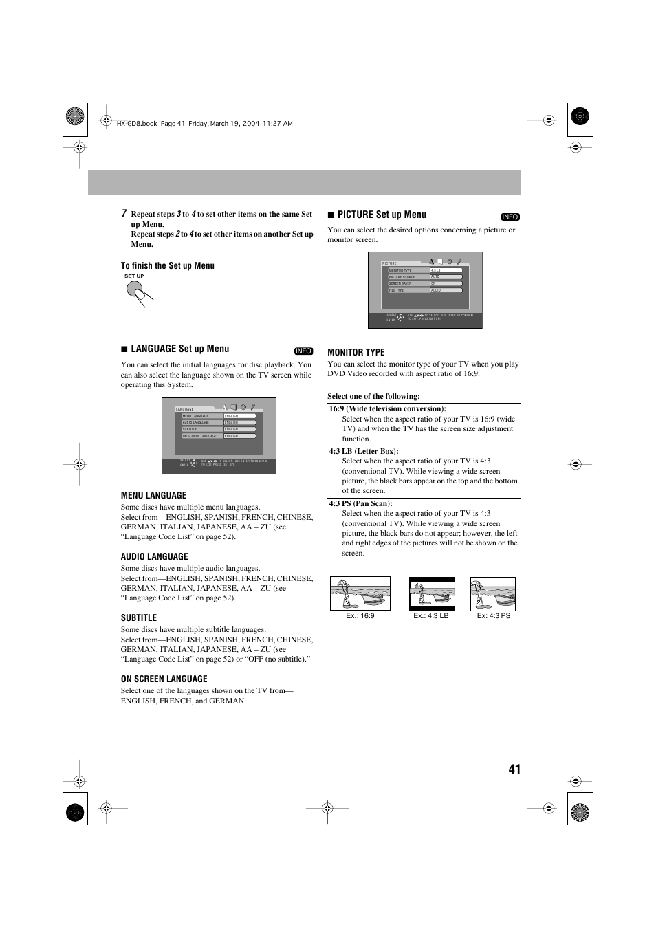 7language set up menu, 7picture set up menu | JVC CA-HXGD7 User Manual | Page 43 / 60