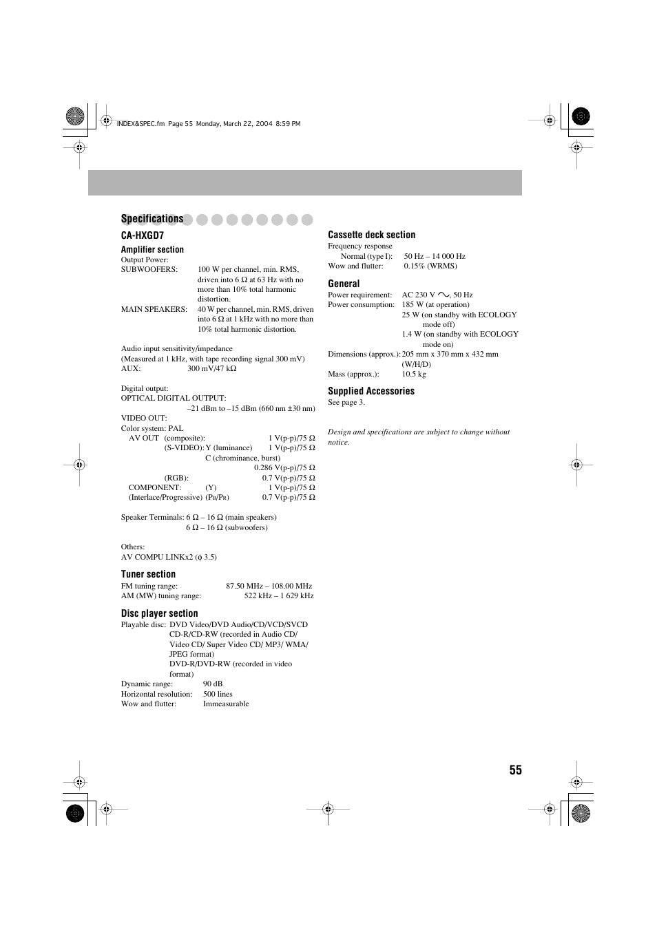 Specifications | JVC CA-HXGD7 User Manual | Page 57 / 60