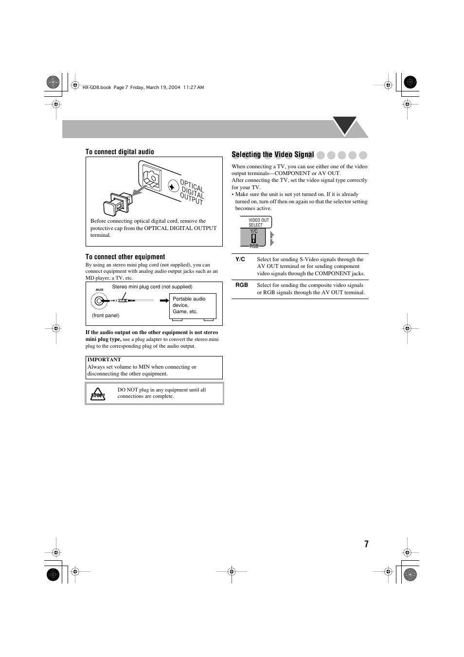 Selecting the video signal | JVC CA-HXGD7 User Manual | Page 9 / 60