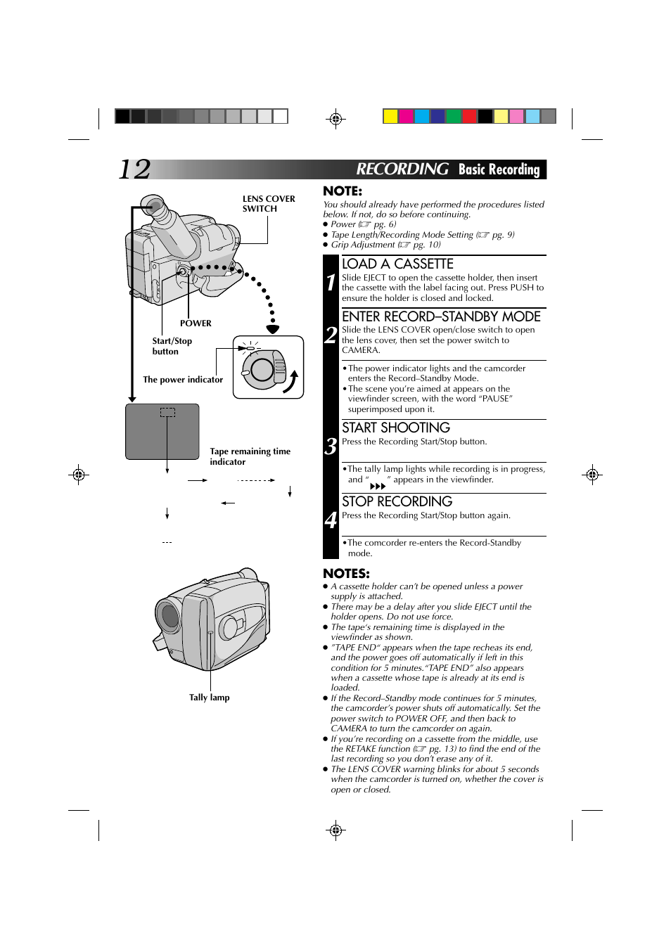 Recording, Basic recording, Load a cassette | Enter record–standby mode, Start shooting, Stop recording | JVC YU30052-513-2 User Manual | Page 12 / 48