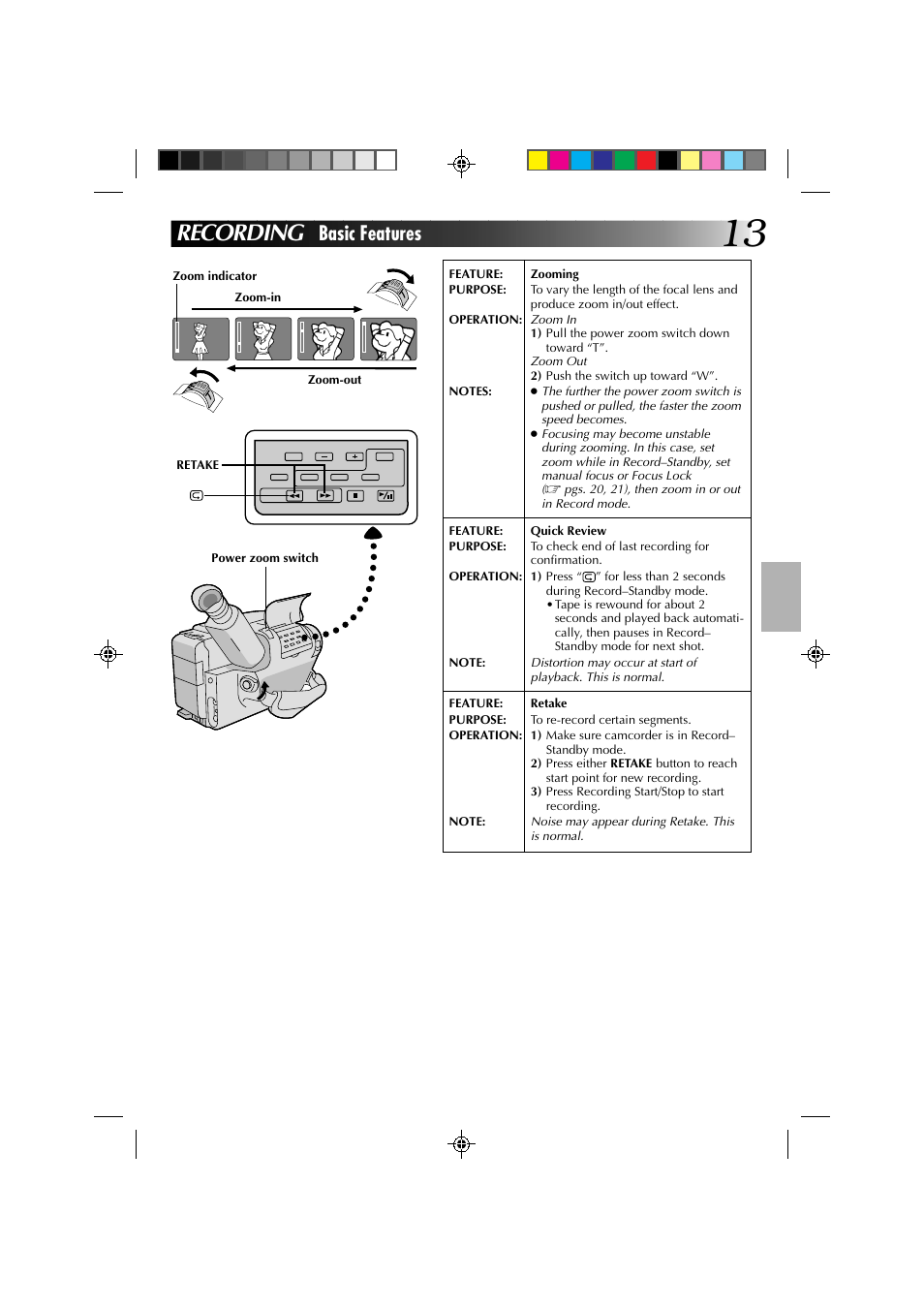 Recording, Basic features | JVC YU30052-513-2 User Manual | Page 13 / 48