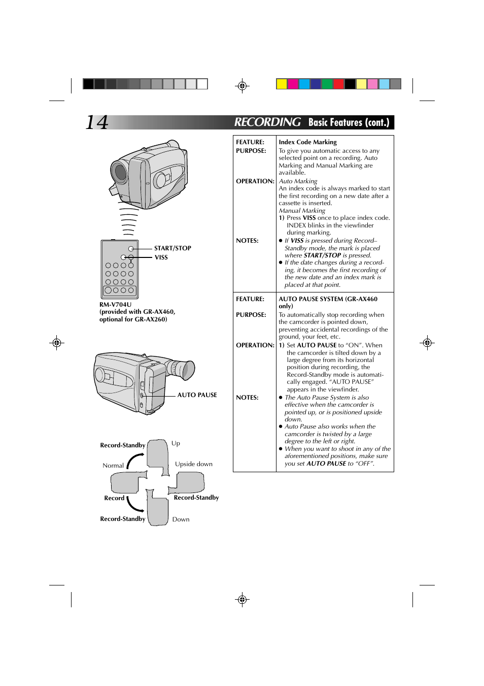 Recording, Basic features (cont.) | JVC YU30052-513-2 User Manual | Page 14 / 48