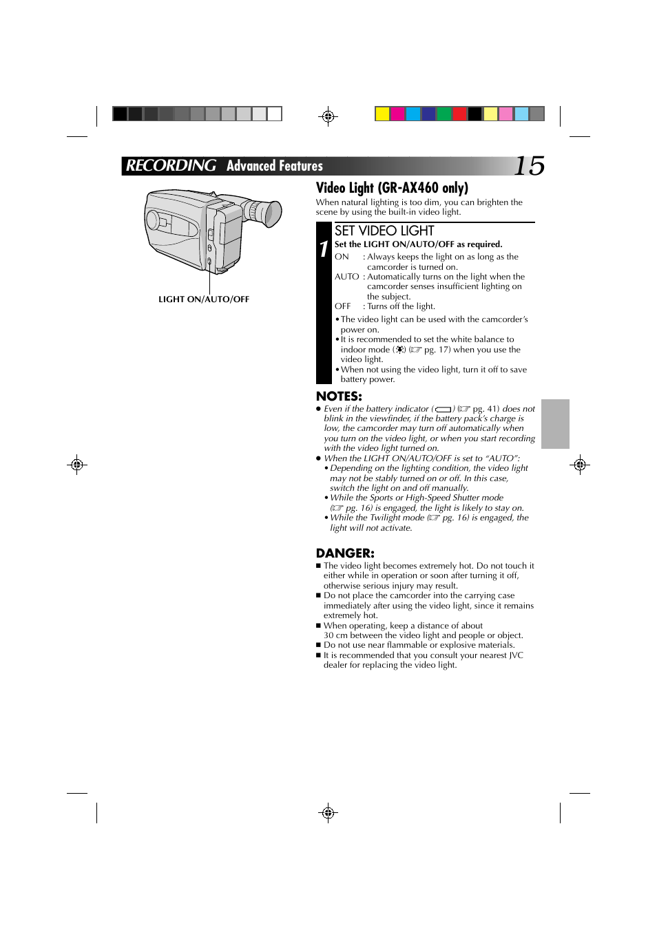 Recording, Video light (gr-ax460 only), Advanced features | Set video light | JVC YU30052-513-2 User Manual | Page 15 / 48