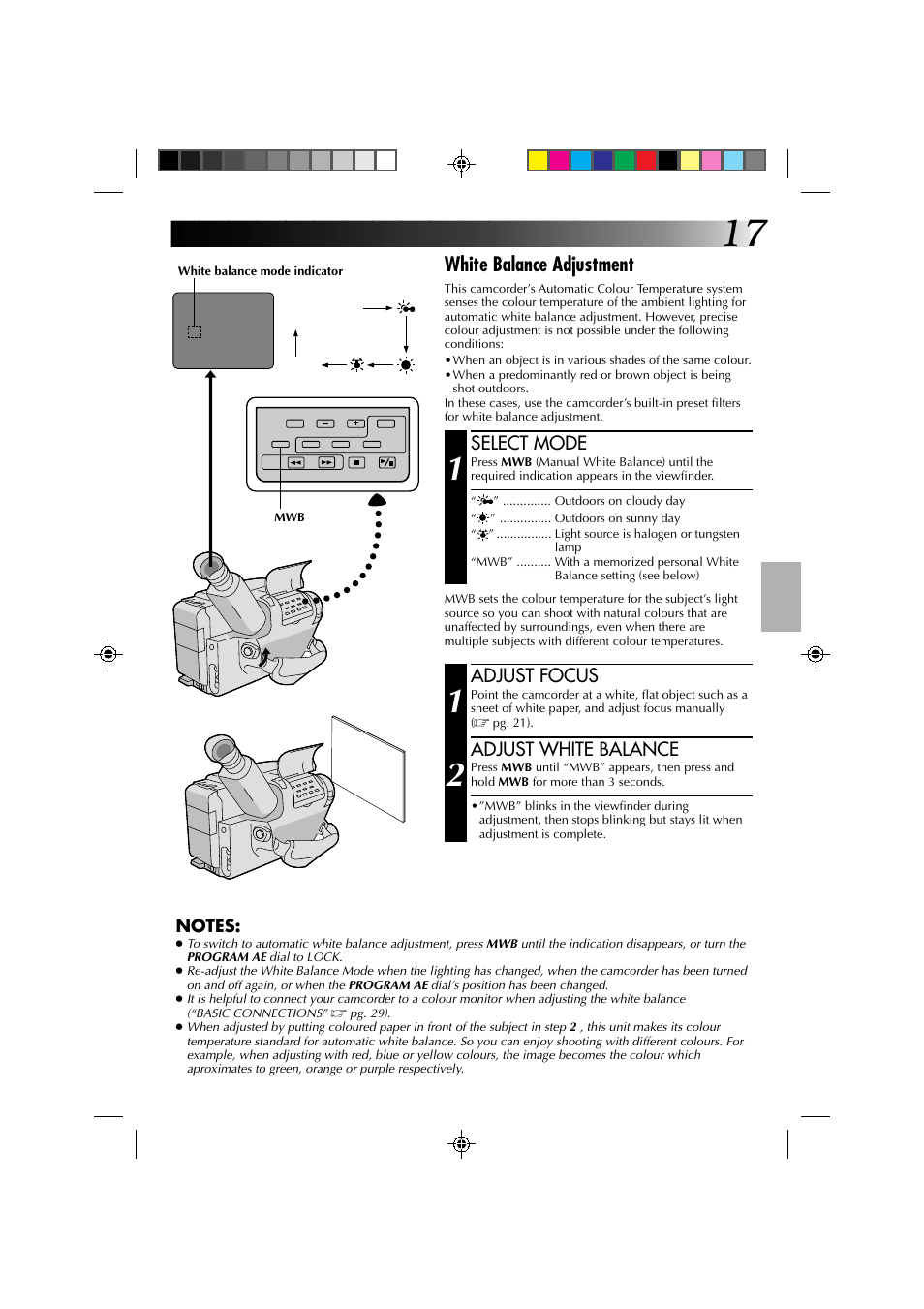 White balance adjustment, Select mode, Adjust focus | Adjust white balance | JVC YU30052-513-2 User Manual | Page 17 / 48