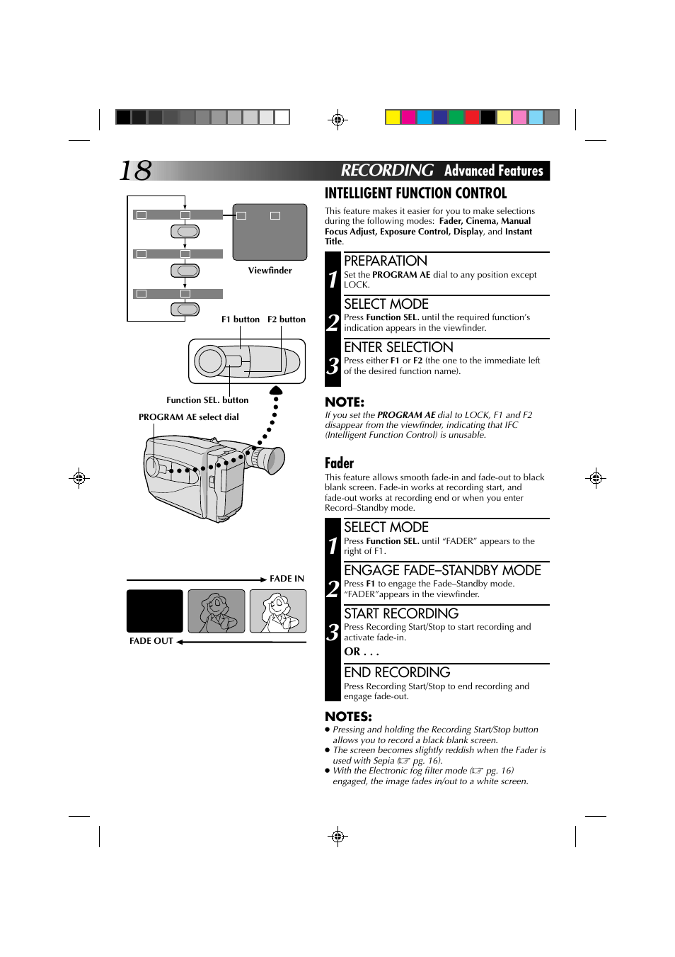 Recording, Advanced features intelligent function control, Fader | Preparation, Select mode, Enter selection, Engage fade–standby mode, Start recording, End recording | JVC YU30052-513-2 User Manual | Page 18 / 48