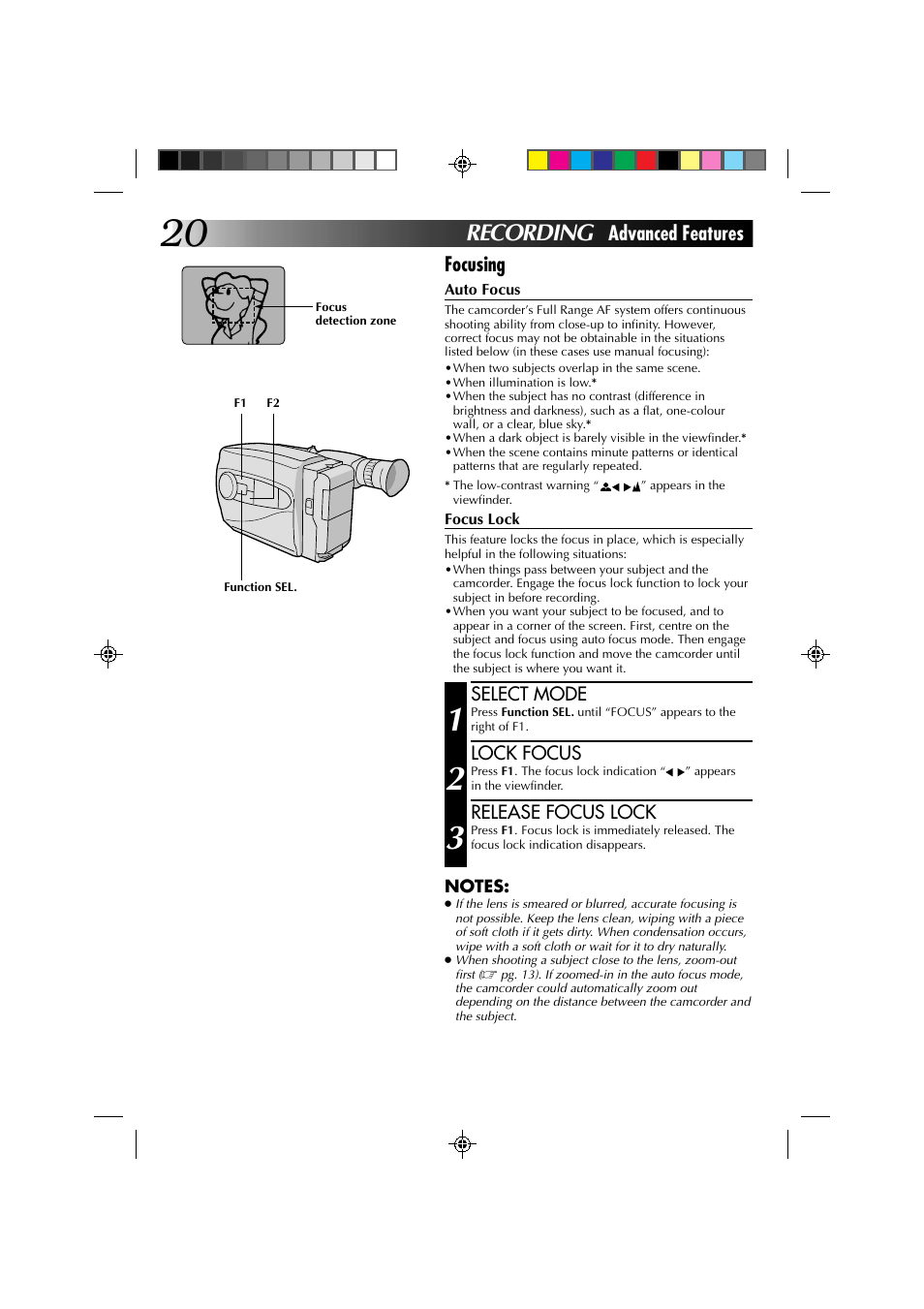 Recording, Advanced features, Focusing | JVC YU30052-513-2 User Manual | Page 20 / 48