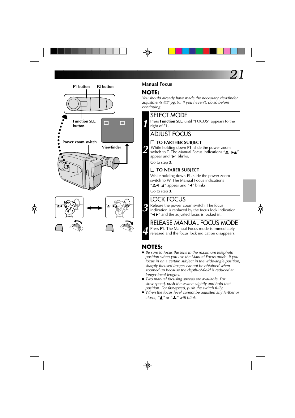 Select mode, Adjust focus, Lock focus | Release manual focus mode | JVC YU30052-513-2 User Manual | Page 21 / 48