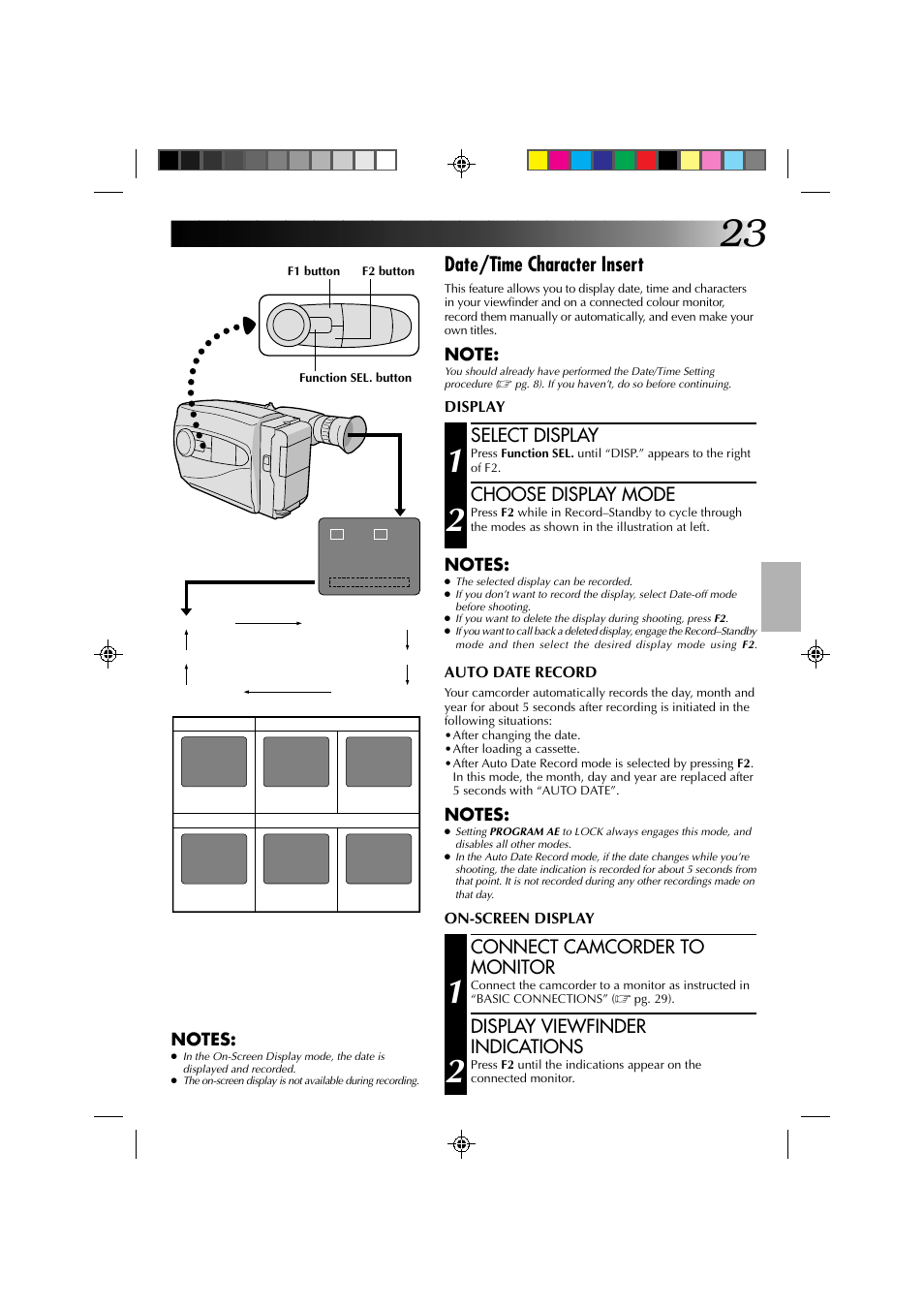 Date/time character insert, Select display, Choose display mode | Connect camcorder to monitor, Display viewfinder indications | JVC YU30052-513-2 User Manual | Page 23 / 48