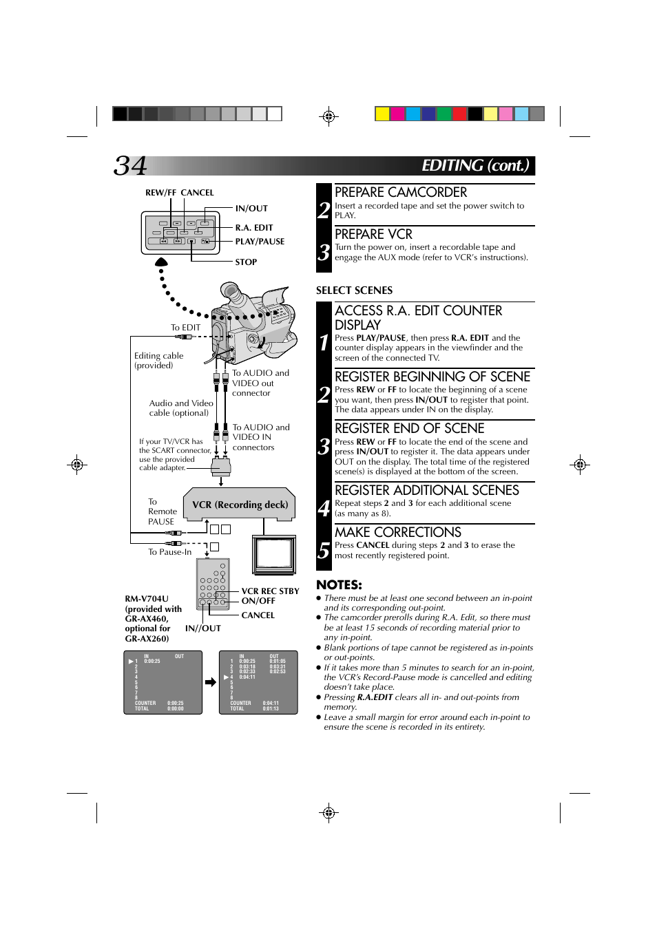 Editing (cont.), Prepare camcorder, Prepare vcr | Access r.a. edit counter display, Register beginning of scene, Register end of scene, Register additional scenes, Make corrections, Select scenes | JVC YU30052-513-2 User Manual | Page 34 / 48