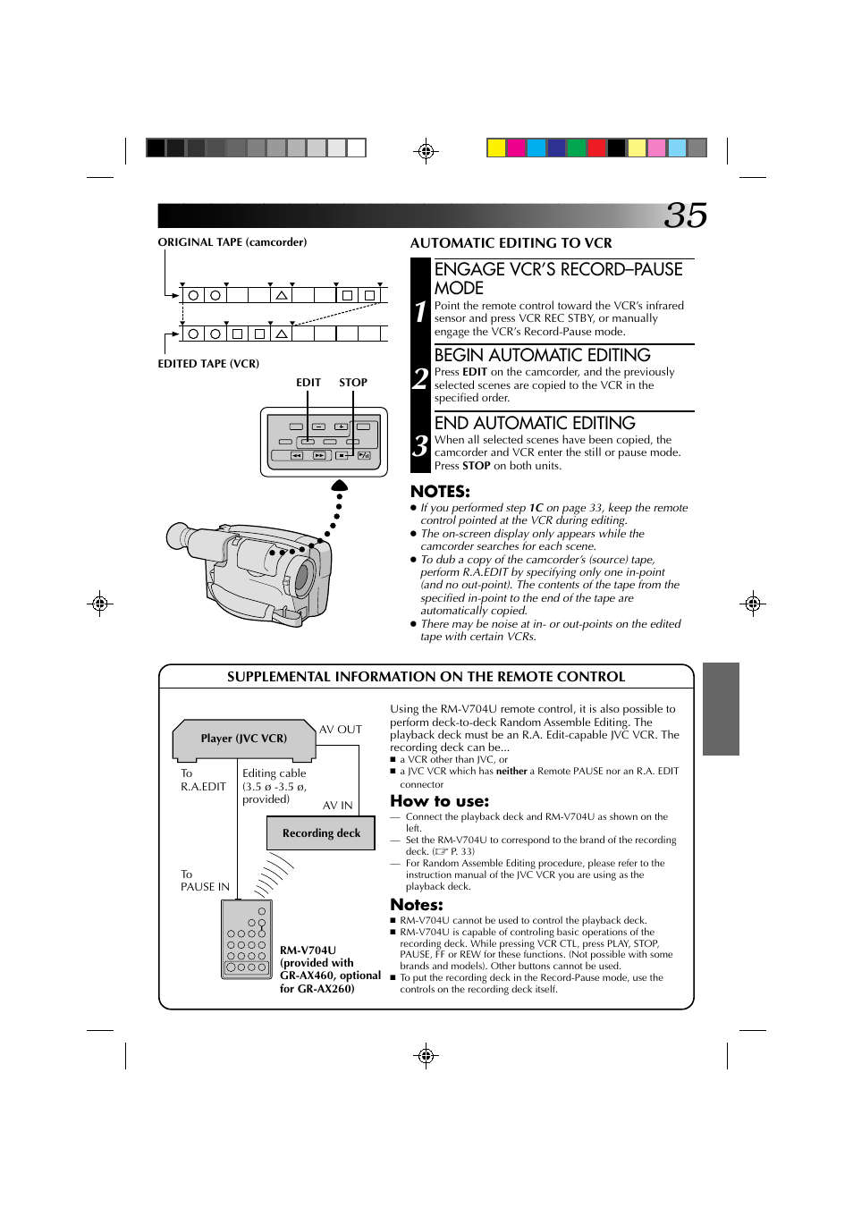 Engage vcr’s record–pause mode, Begin automatic editing, End automatic editing | JVC YU30052-513-2 User Manual | Page 35 / 48