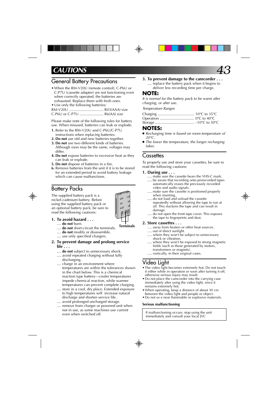 Cautions, General battery precautions, Battery packs | Cassettes, Video light | JVC YU30052-513-2 User Manual | Page 43 / 48