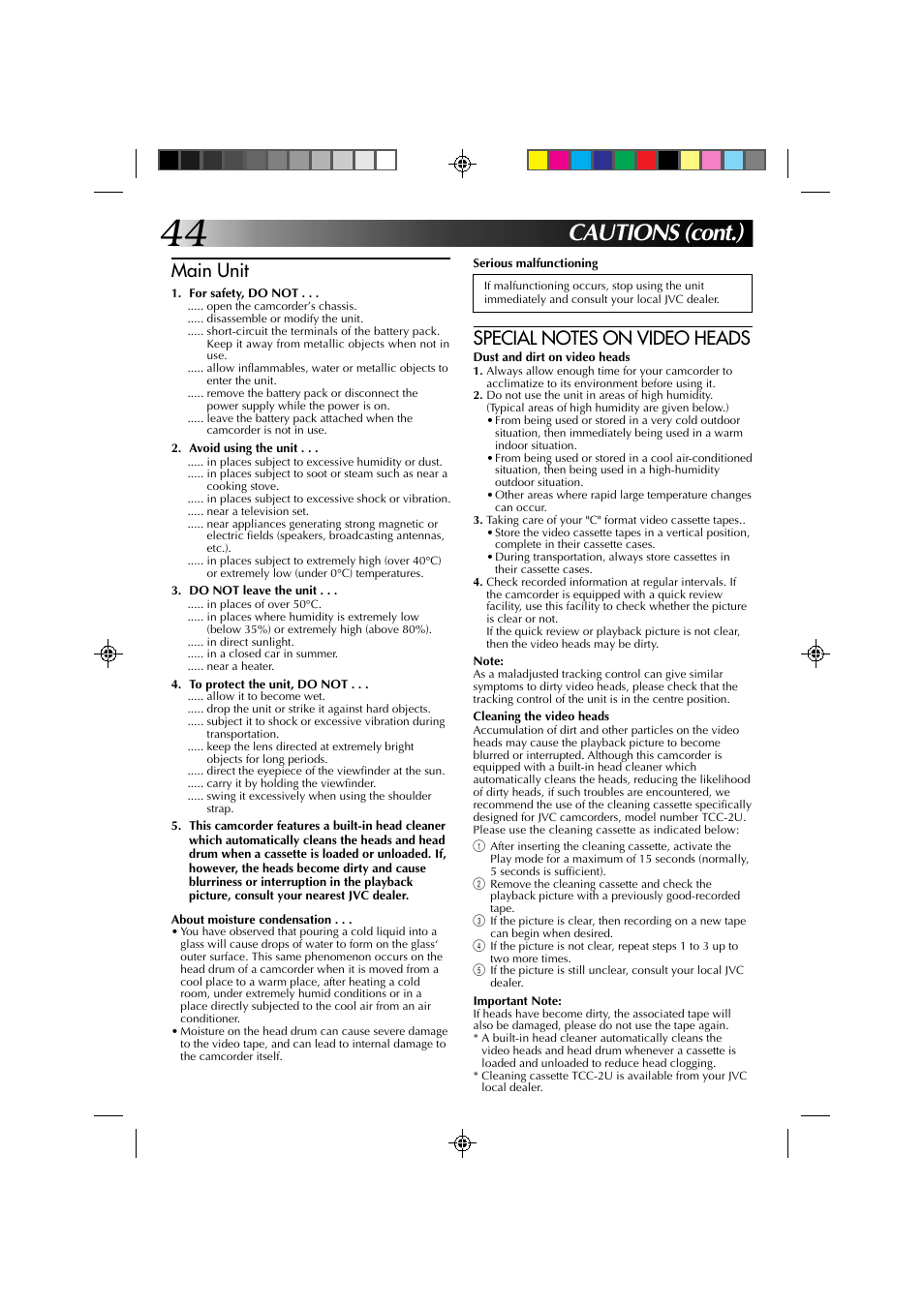 Cautions (cont.), Main unit | JVC YU30052-513-2 User Manual | Page 44 / 48