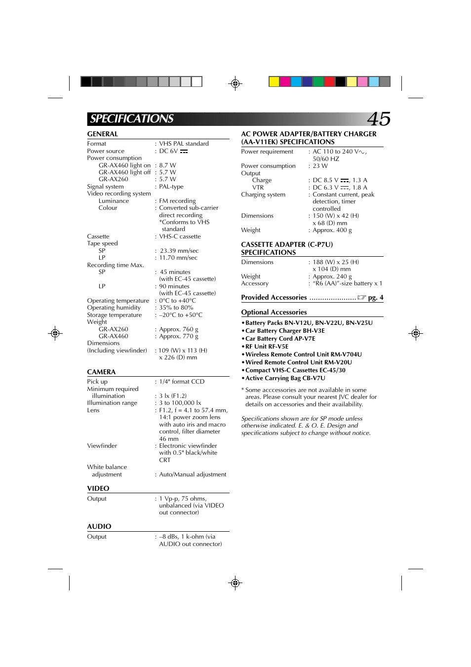 Specifications | JVC YU30052-513-2 User Manual | Page 45 / 48