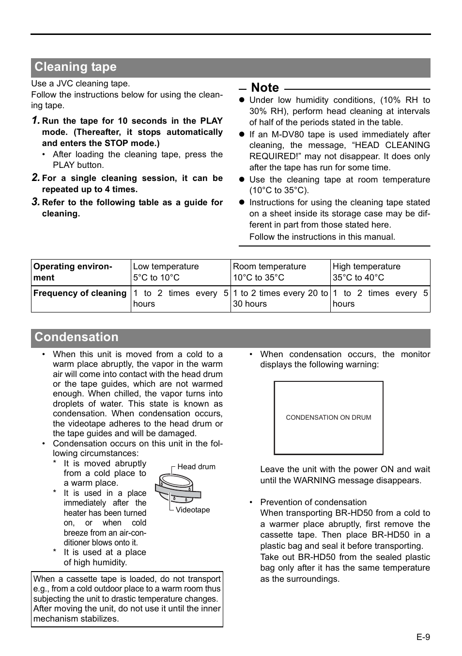 Cleaning tape, Condensation, Cleaning tape condensation | JVC BR-HD50 User Manual | Page 13 / 91