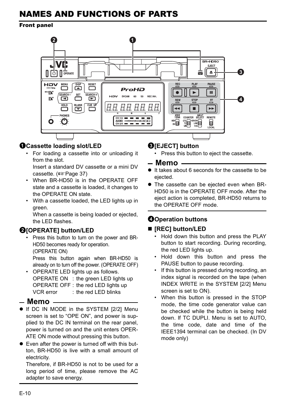 Names and functions of parts, Front panel | JVC BR-HD50 User Manual | Page 14 / 91