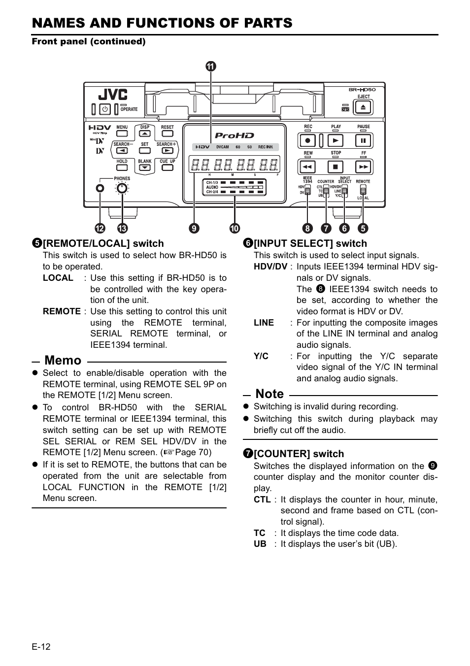 Names and functions of parts | JVC BR-HD50 User Manual | Page 16 / 91