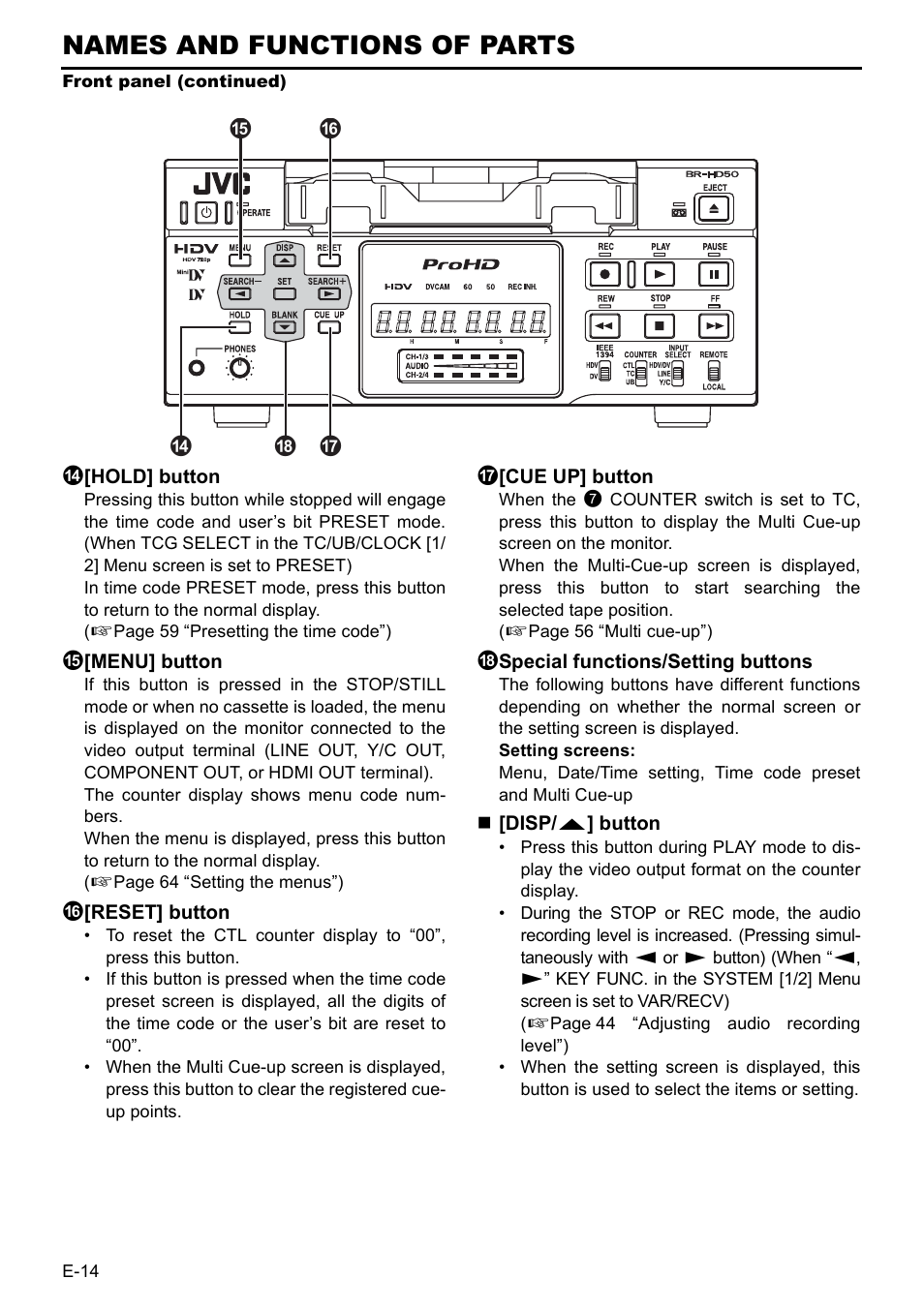 Names and functions of parts | JVC BR-HD50 User Manual | Page 18 / 91