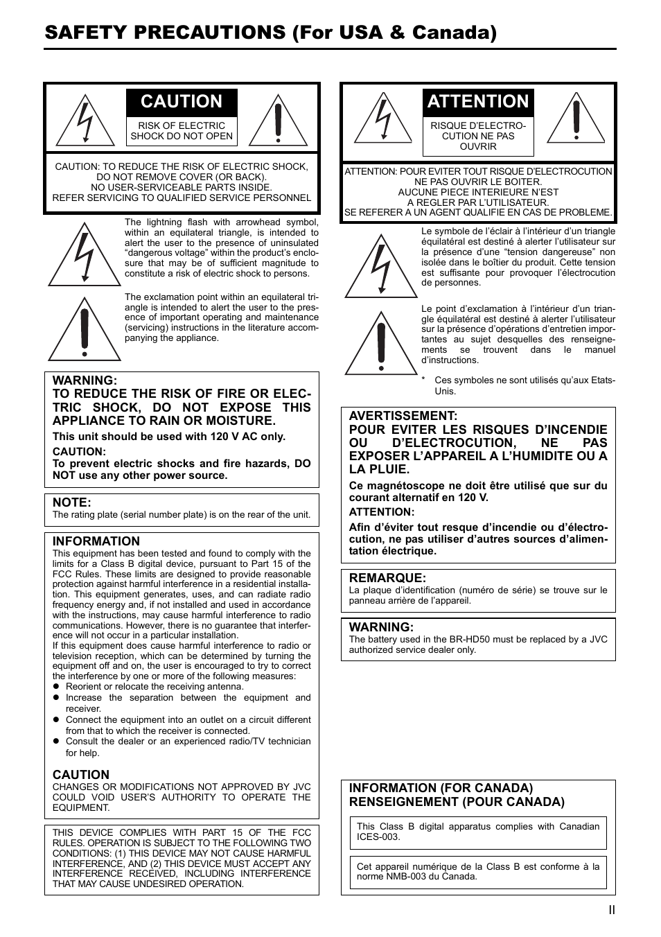 Safety precautions (for usa & canada), Caution, Attention | JVC BR-HD50 User Manual | Page 3 / 91