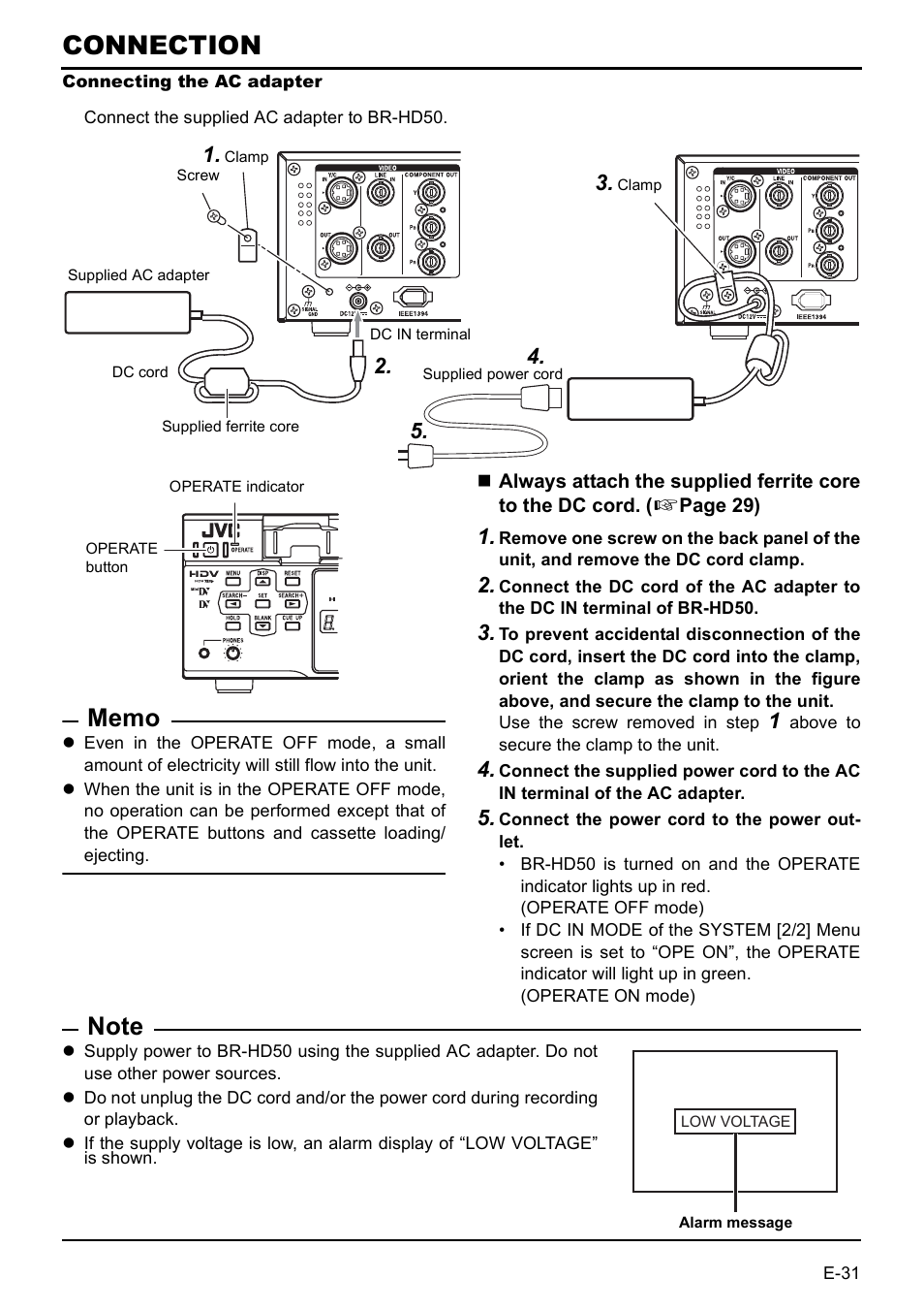 Connecting the ac adapter, Connection | JVC BR-HD50 User Manual | Page 35 / 91