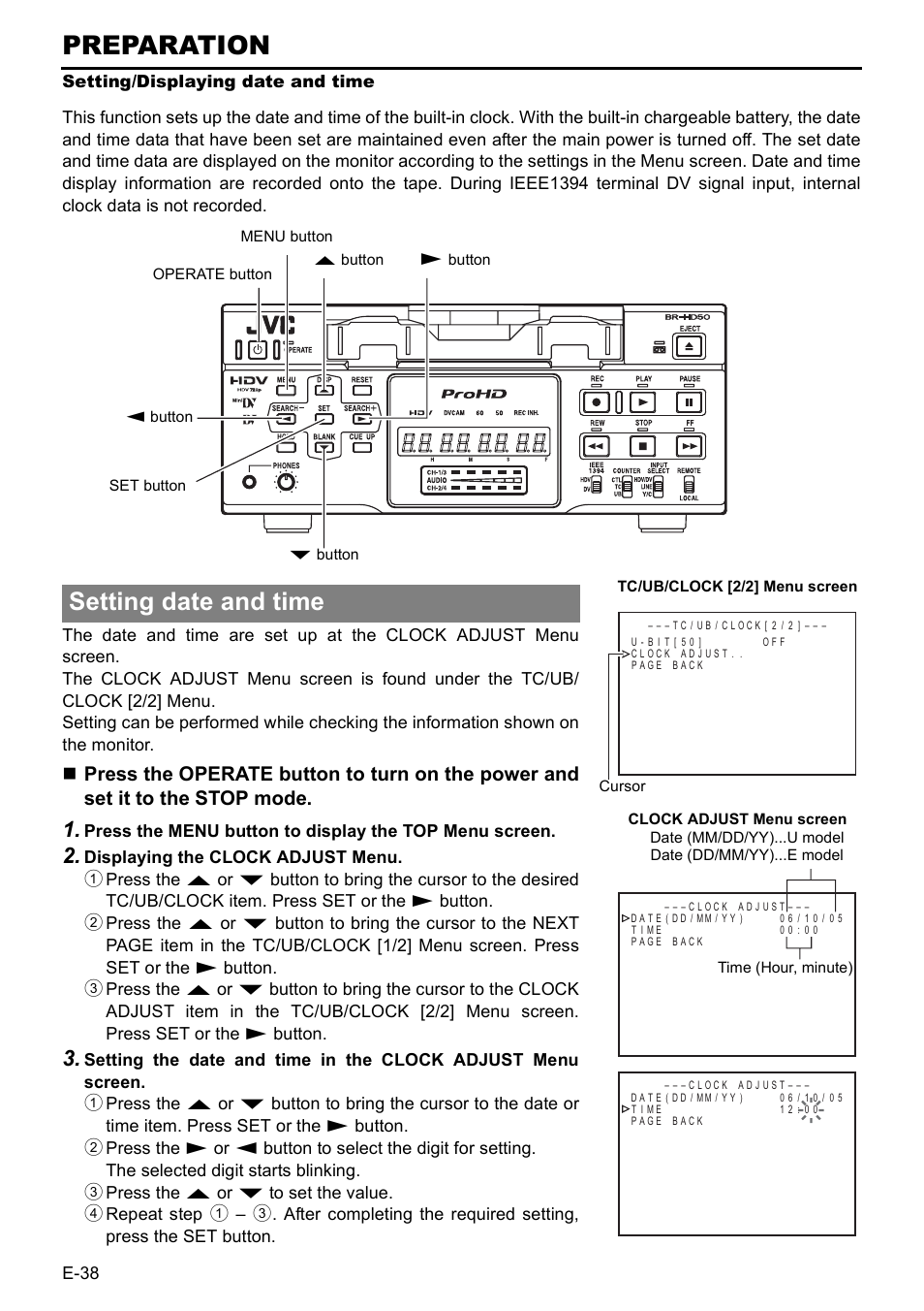 Setting/displaying date and time, Preparation, Setting date and time | JVC BR-HD50 User Manual | Page 42 / 91